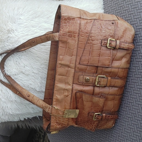 Lauren Ralph Lauren Handbags - Ralph Lauren Lauren Croc embossed Cow leather pushlock Satchel Camel